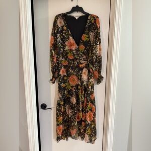 LC Lauren Conrad Wrap Dress XL Black Floral Stretch Calf Length